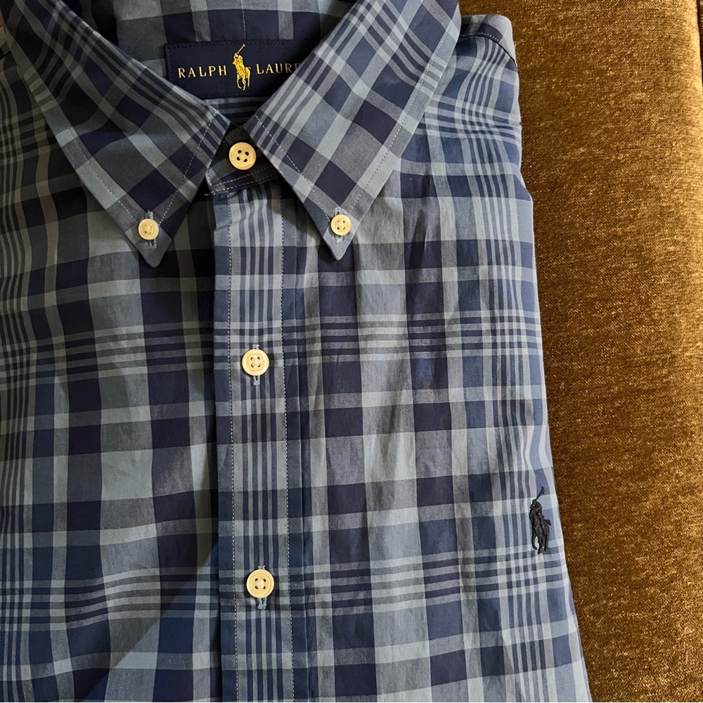 Ralph Lauren Men's Navy and Light Blue Check Shirt XL